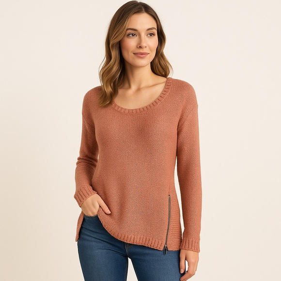 Quinn Oversized Coral Knit Sweater Long Sleeve Scoop Neck Side Zip Detail Small - Picture 1 of 5